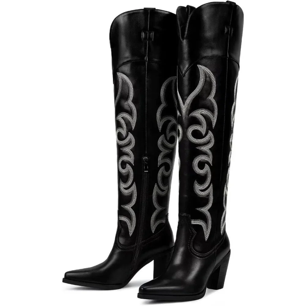 Women Over Knee Black Faux Leather Pull On Tab Chunky Heel Pointed Toe Boots